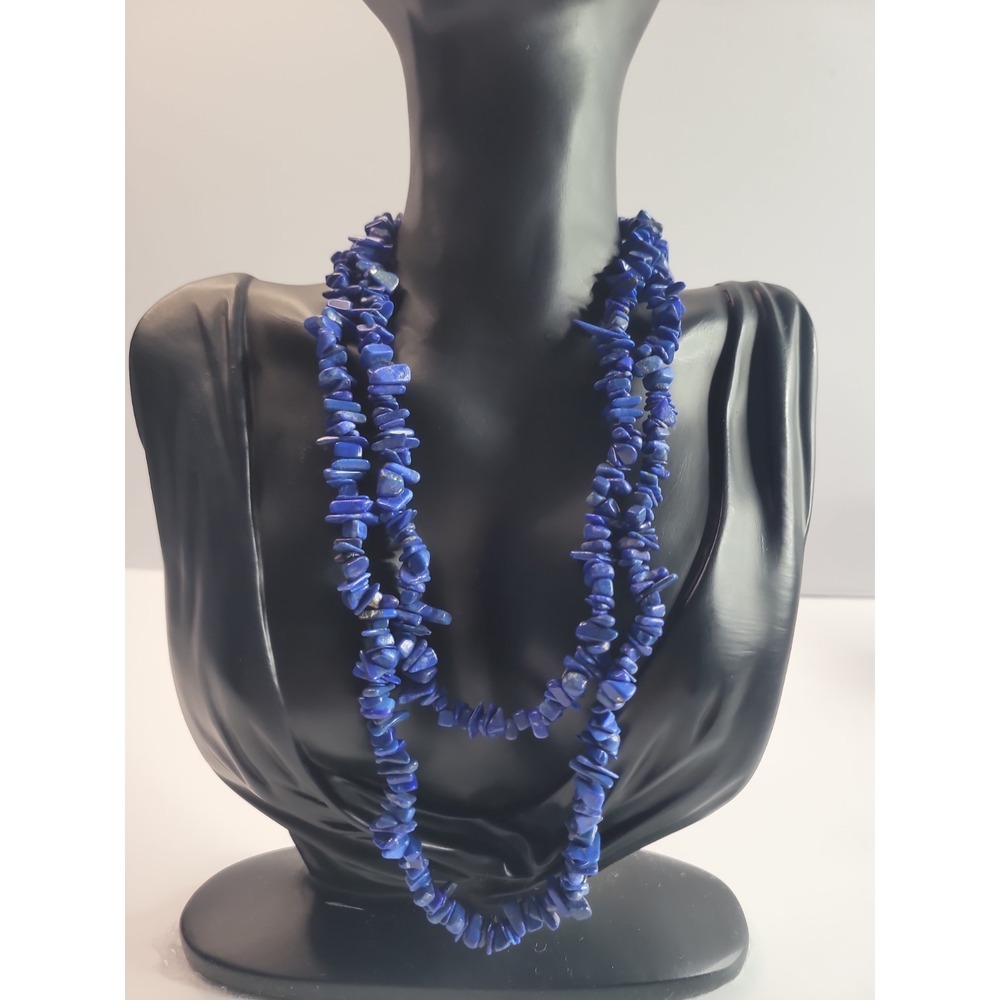 Vintage‎ Blue Stone Chip Bead Necklace Long Strand Boho Statement Jewelry